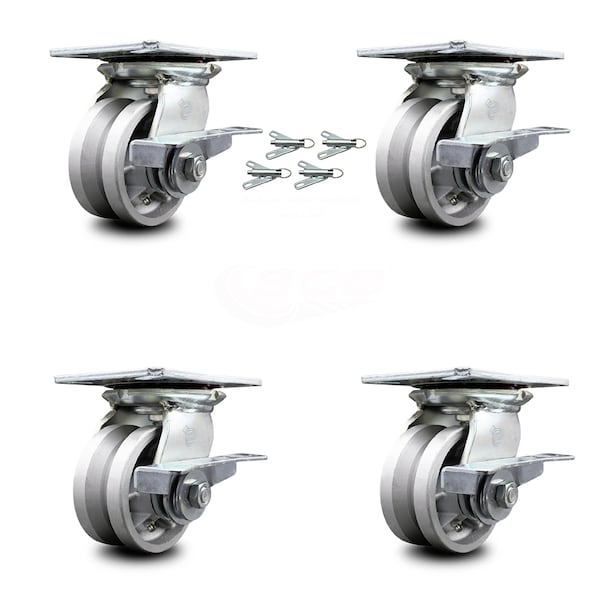 4 Inch V Groove Semi Steel Caster Set with Ball Bearings and Brakes/Swivel Locks